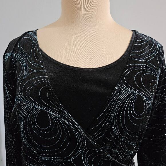 Notations Top Black Aqua Rhinestone Beaded Twofer Crushed Velvet Wrap Buckle PXL - Picture 6 of 11